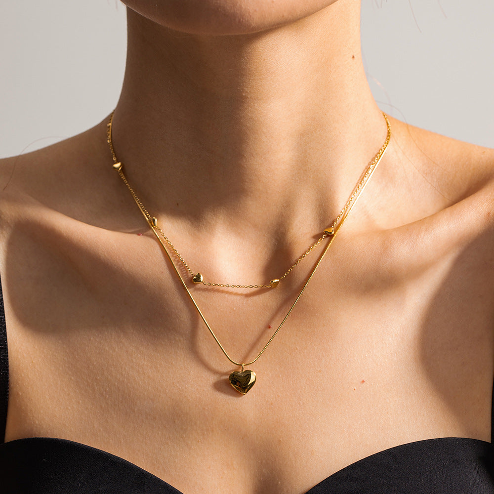Halskjede Dame 18K gullbelagt- Dobbelt Lag Hjerte Design Allsidig Gold