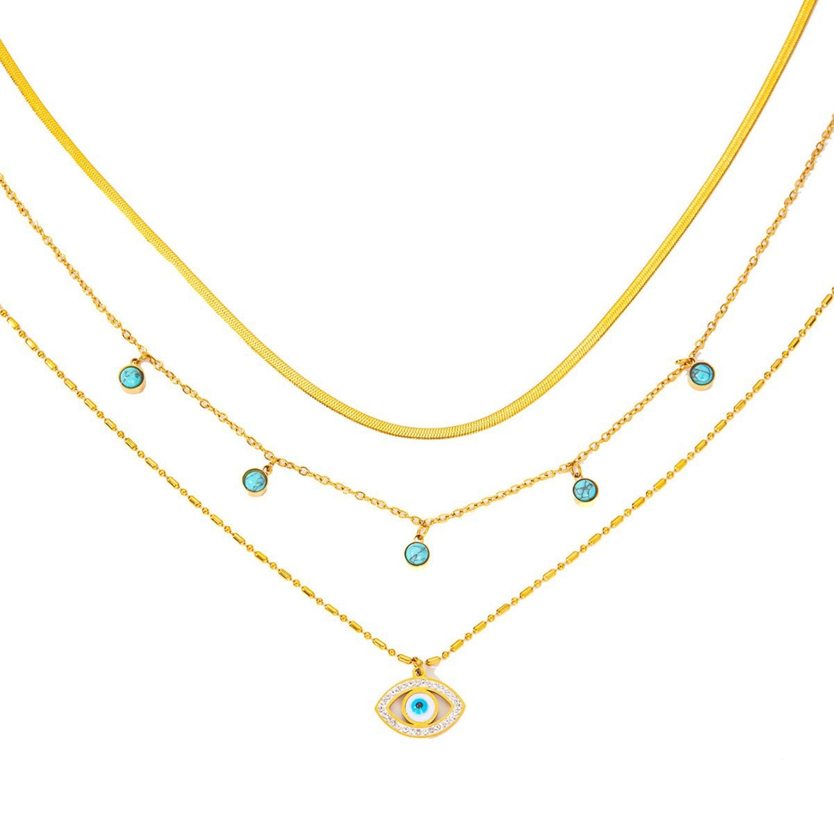 18K Gullbelagt Flerlagskjede med Øye og Diamanter - Trendy Design Only