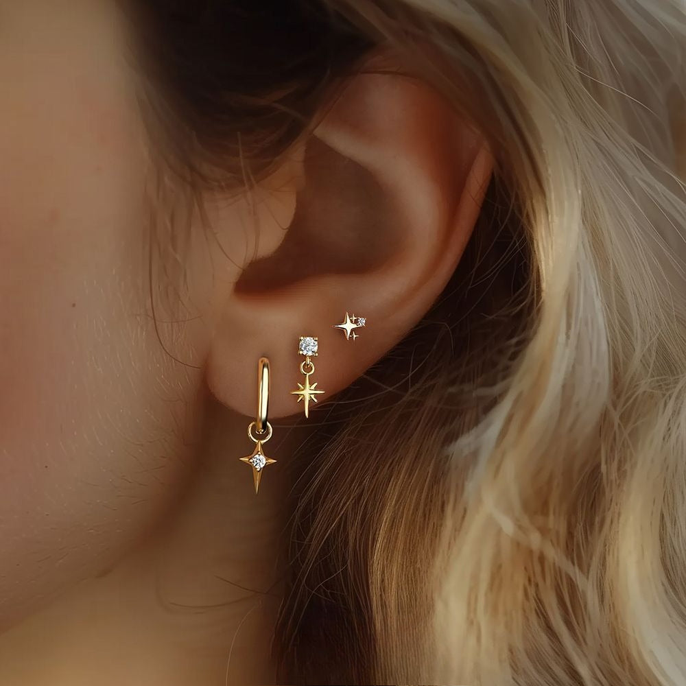 Sølvøredobber S925 Stjerne med Diamanter - Starburst Design