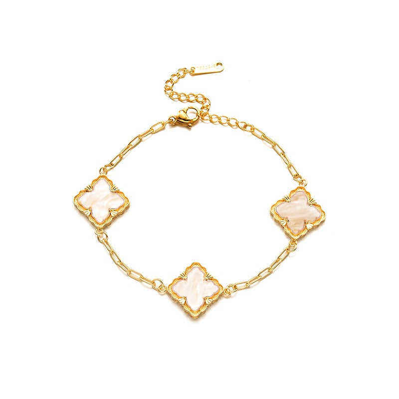 18K Gullbelagt Firkløver Smykkesett - Halskjede, Armbånd, Øredobber og Ring Bracelet