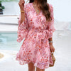 Summer Floral Print Short Sleeves Dress Lace Up Ruffles Design Fashion V-neck Short Dresses Womens Clothing - Trendyglobal 
