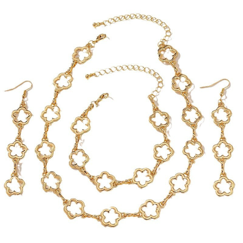 Smykkesett Dame 18K gullbelagt - Hollow Flower Armbånd Halskjede Øredobber