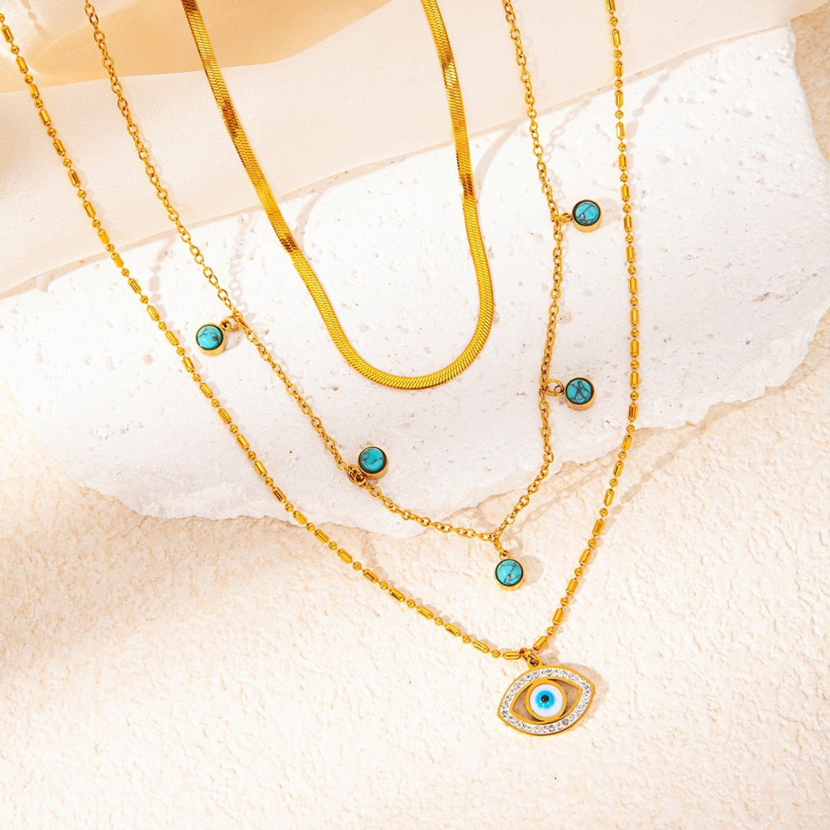 18K Gullbelagt Flerlagskjede med Øye og Diamanter - Trendy Design