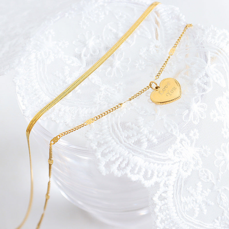 Halskjede Dame 18K gullbelagt- LOVE YOU Hjerte med Blade Chain Design