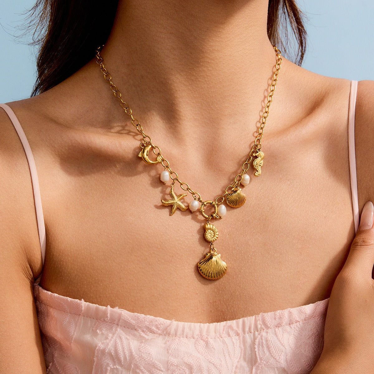 Halskjede Dame 18K gullbelagt - Ocean Element med Tekstur Design