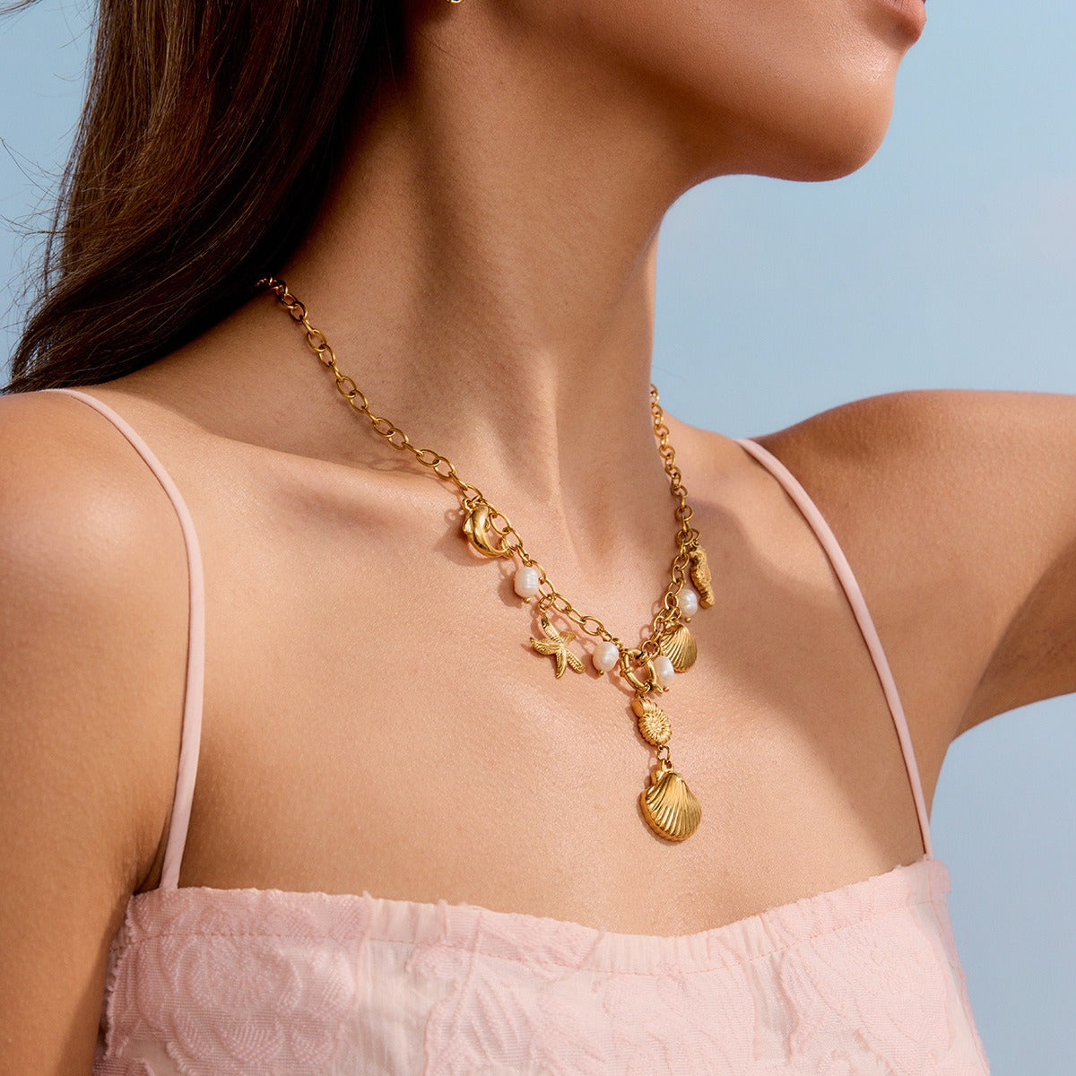 Halskjede Dame 18K gullbelagt - Ocean Element med Tekstur Design