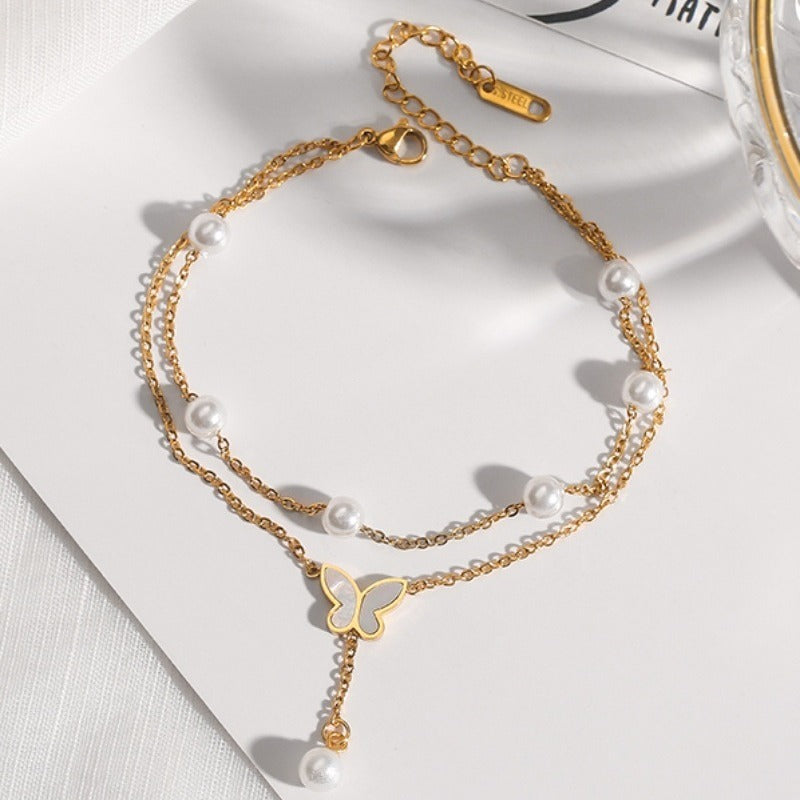 Ankelsmykke Dame - Dobbelt Lag Perle Sommerfugl Skjell Design