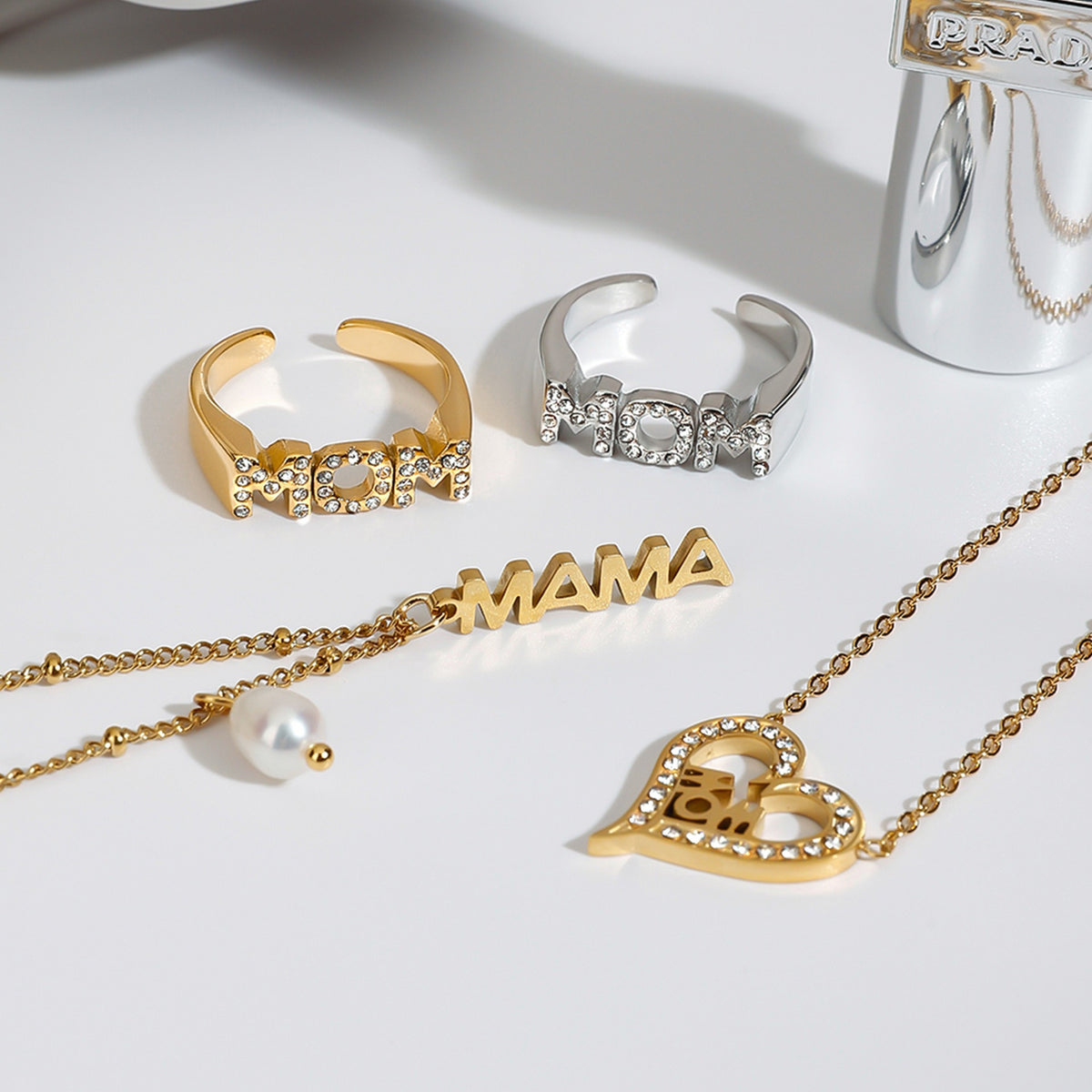 Halskjede og Ring Sett Dame 18K gullbelagt - MOM Hjerte Design med Zirkon