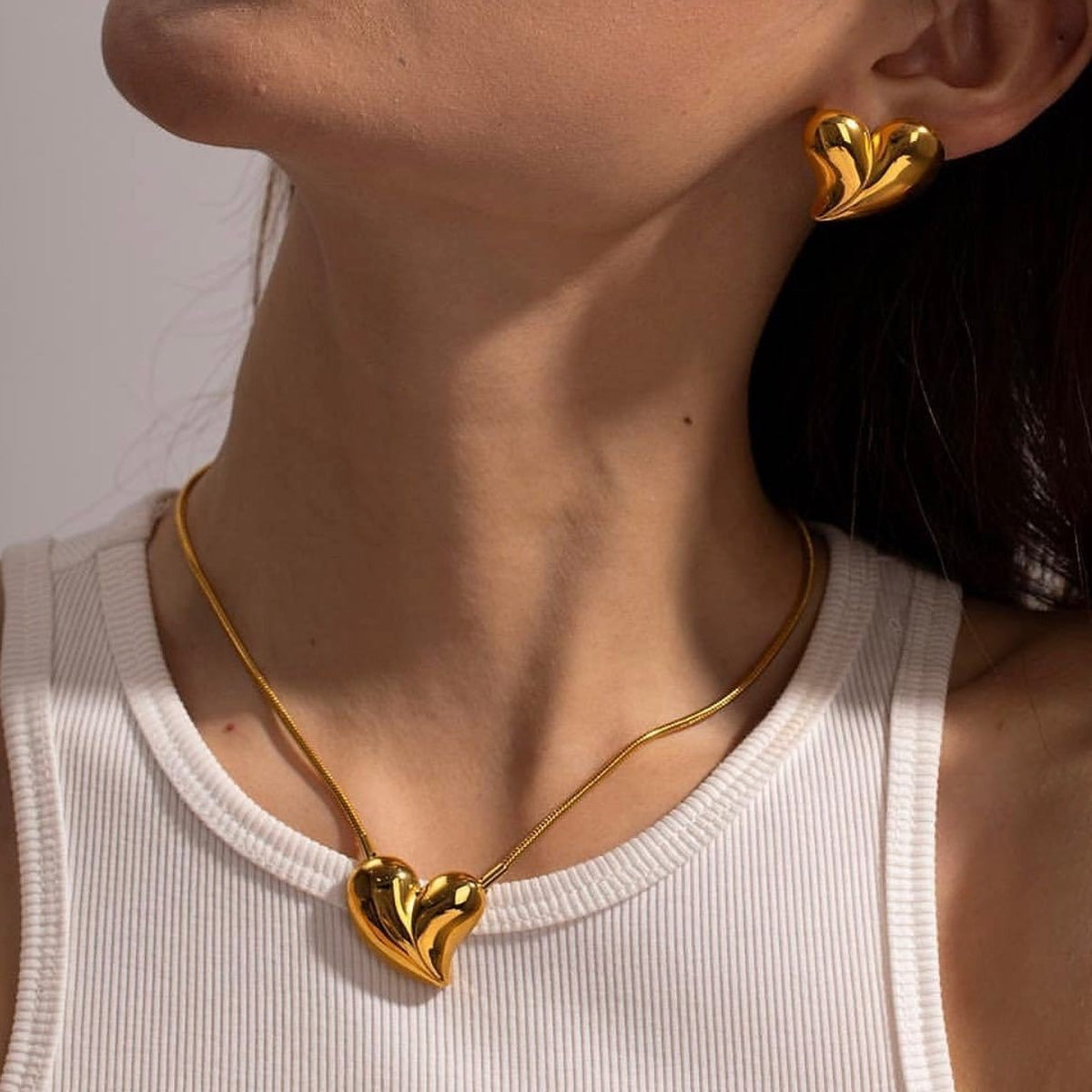 Smykkesett Dame 18K gullbelagt - Hjerte og Geometrisk Design Halskjede Øredobber Ring