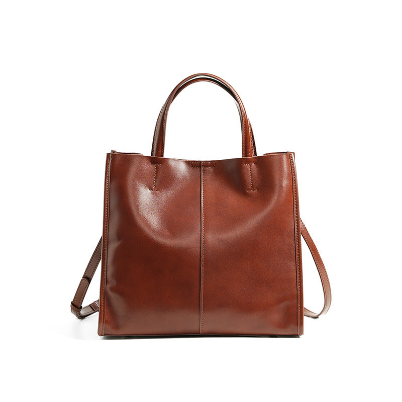 Tote Bag Dame Ekte Skinn - Vegetabilsk Garvet Lær Stor Kapasitet Wine Brown (Top-Grain Vegetable-Tanned Cowhide)