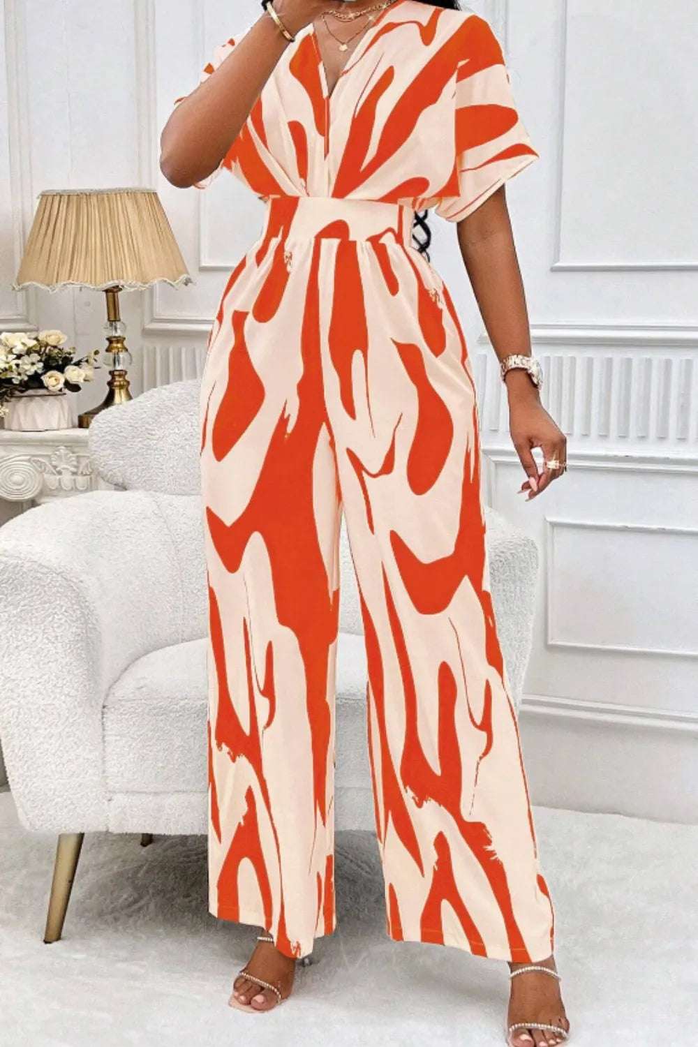 V-hals Jumpsuit Dame – Elegant Helkroppsprint med Vide Ermer Orange