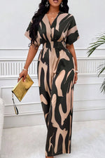 V-hals Jumpsuit Dame – Elegant Helkroppsprint med Vide Ermer Taupe