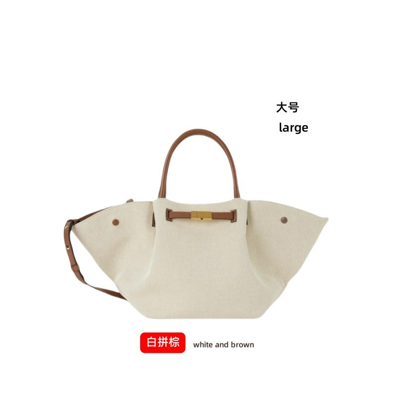 Premium Tote Bag Dame - Stor Håndveske i Ekte Skinn White and brown (large size)