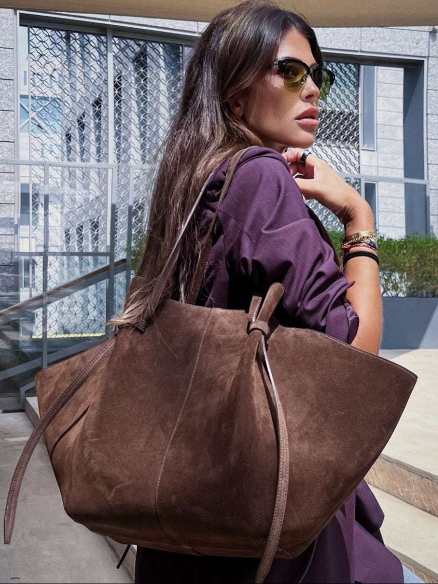 Vintage Tote Bag Dame - Stor Skulderveske i Semsket Skinn