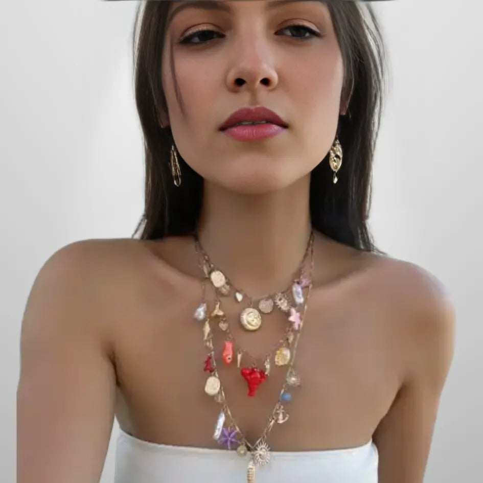 Ocean Style Halskjede – Lag-på-lag Design med Sjøstjerne, Skjell og Perler for Kvinner