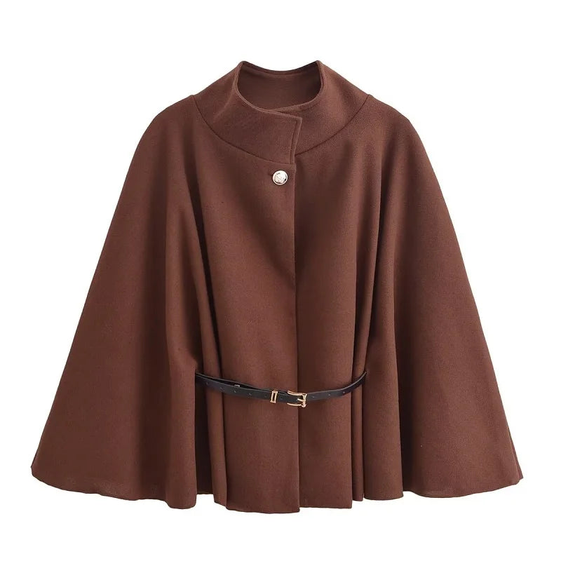 MUJER poncho dame med belte – svart capejakke vinter 2025 | Elegant ytterplagg brown