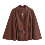 MUJER poncho dame med belte – svart capejakke vinter 2025 | Elegant ytterplagg brown
