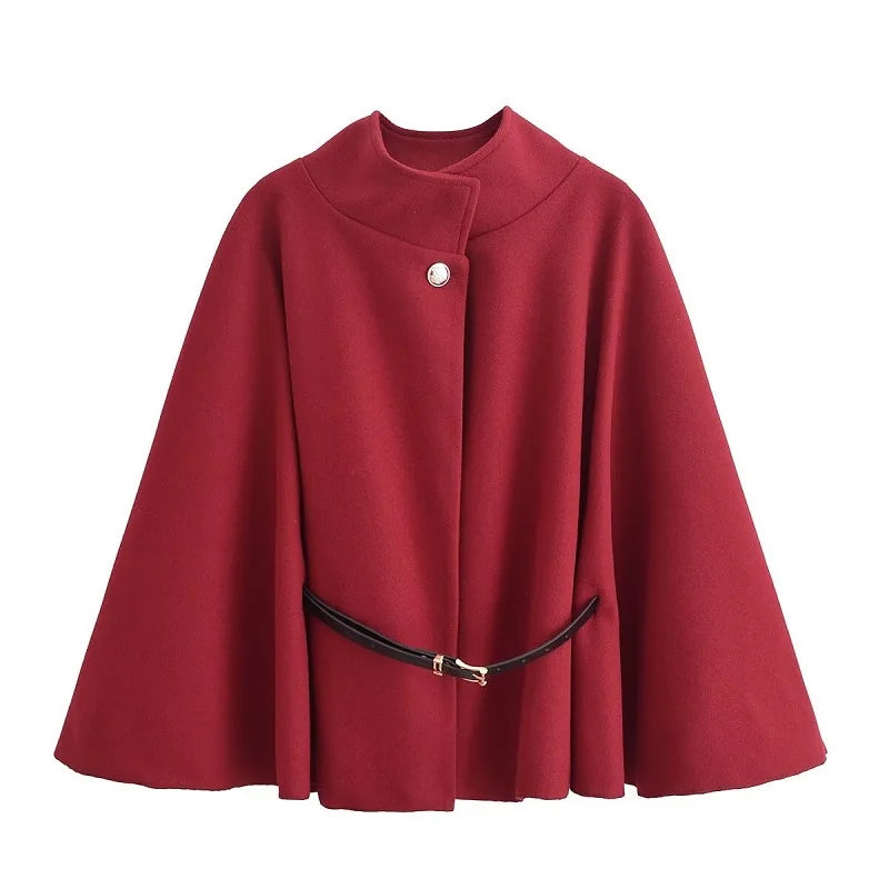 MUJER poncho dame med belte – svart capejakke vinter 2025 | Elegant ytterplagg Burgundy