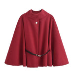 MUJER poncho dame med belte – svart capejakke vinter 2025 | Elegant ytterplagg Burgundy