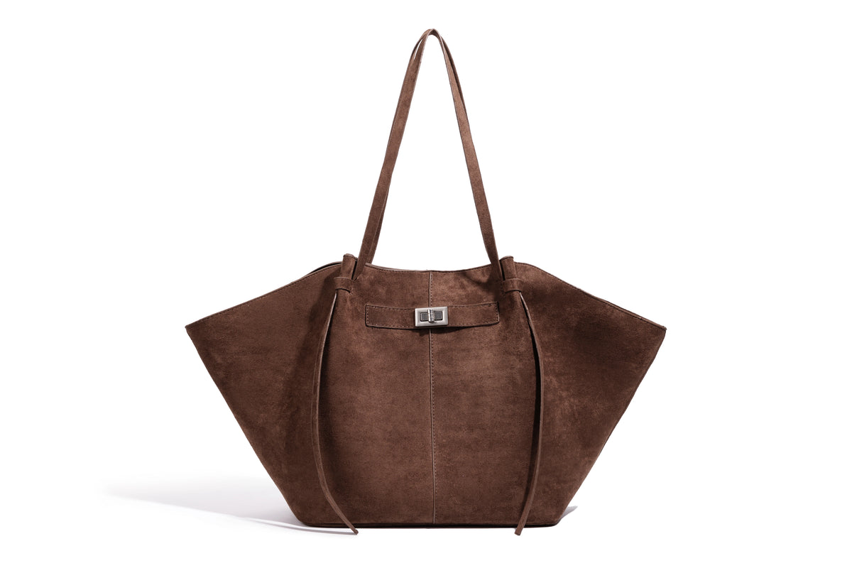 Stor skulderveske dame – Lett tote bag med lås | Unik design Brown Large(Max Length>50cm)