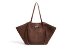 Stor skulderveske dame – Lett tote bag med lås | Unik design Brown Large(Max Length>50cm)