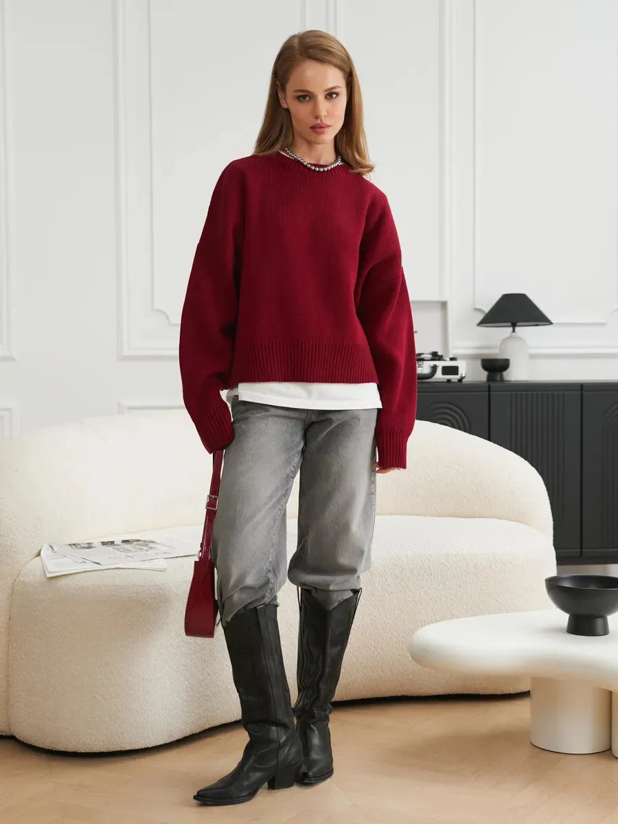 Strikket Genser Dame - Oversized Varm Pullover 2025 Wine Red
