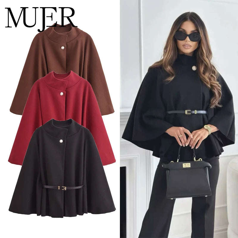 MUJER poncho dame med belte – svart capejakke vinter 2025 | Elegant ytterplagg
