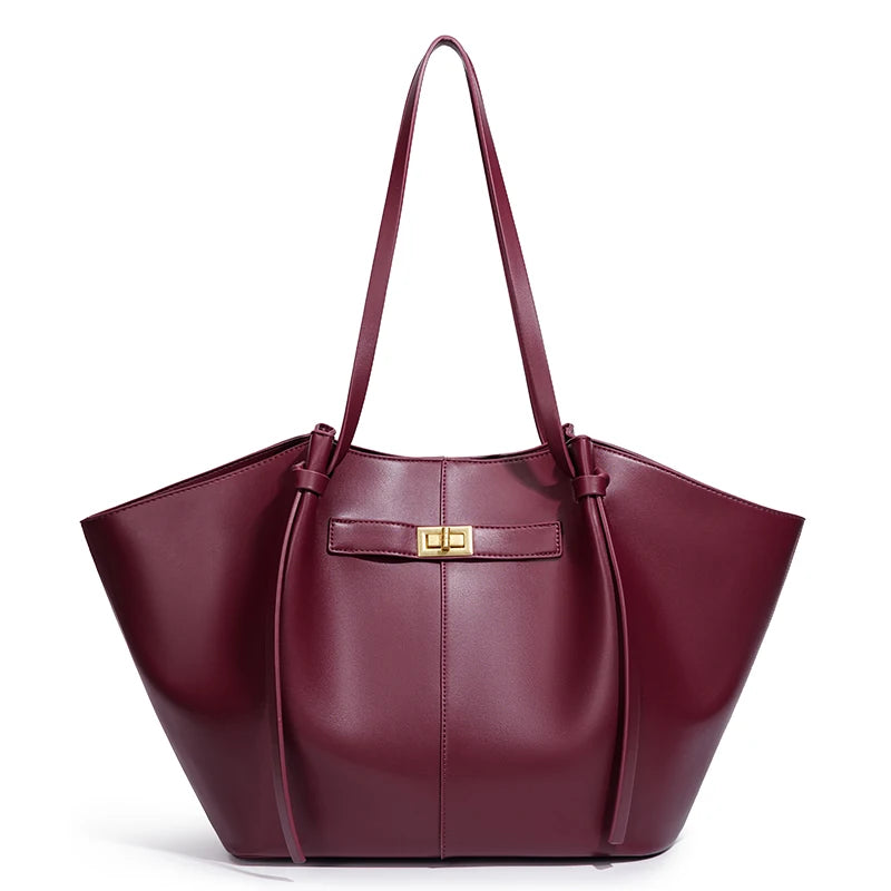 Stor skulderveske dame – Lett tote bag med lås | Unik design Burgundy Large(Max Length>50cm)