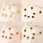 18K Gullbelagt Firkløver Smykkesett - Halskjede, Armbånd, Øredobber og Ring