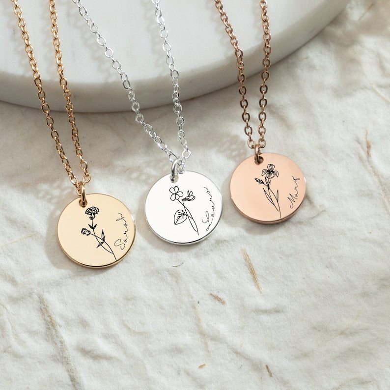 Personalisert Navnehalskjede med Fødselsmånedblomst i S925 Sølv