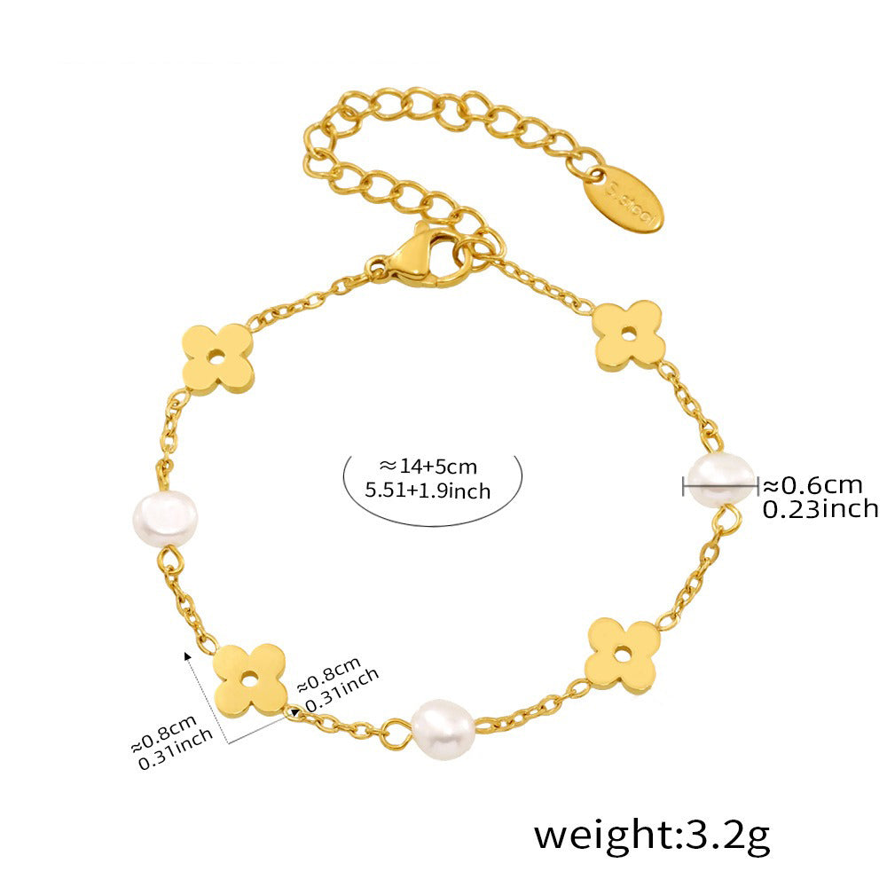 Smykkesett Dame 18K Gullbelagt - Perle Hul Blomst Armbånd Halskjede Bracelet