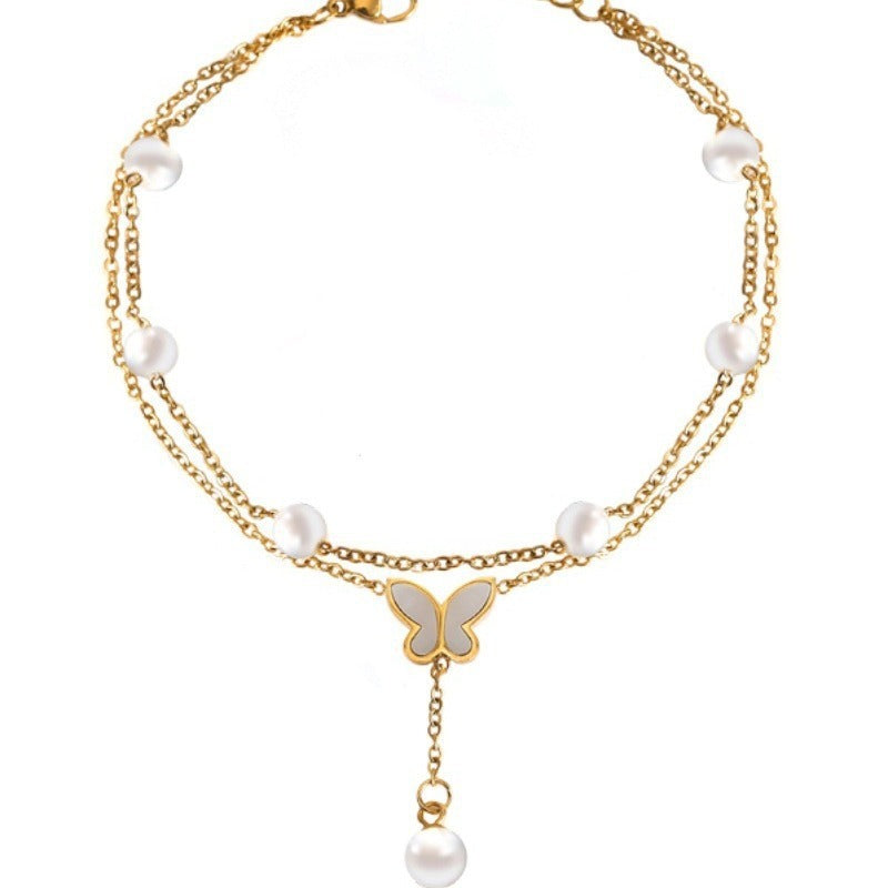 Ankelsmykke Dame - Dobbelt Lag Perle Sommerfugl Skjell Design