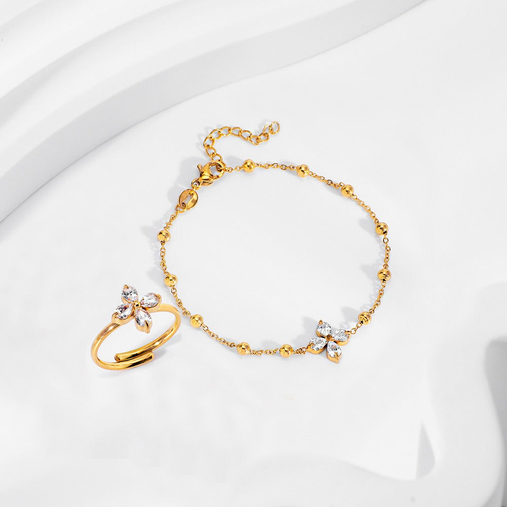 Smykkesett Dame 18K gullbelagt - Firkløver med Edelstener Halskjede Armbånd Øredobber Ring