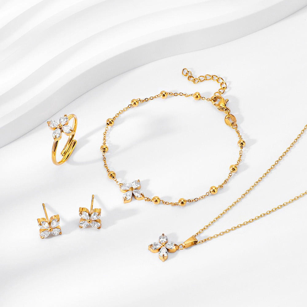 Smykkesett Dame 18K gullbelagt - Firkløver med Edelstener Halskjede Armbånd Øredobber Ring