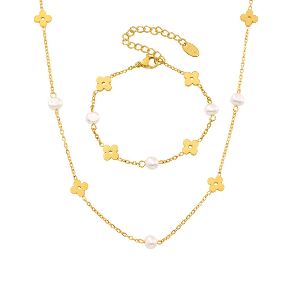 Smykkesett Dame 18K Gullbelagt - Perle Hul Blomst Armbånd Halskjede