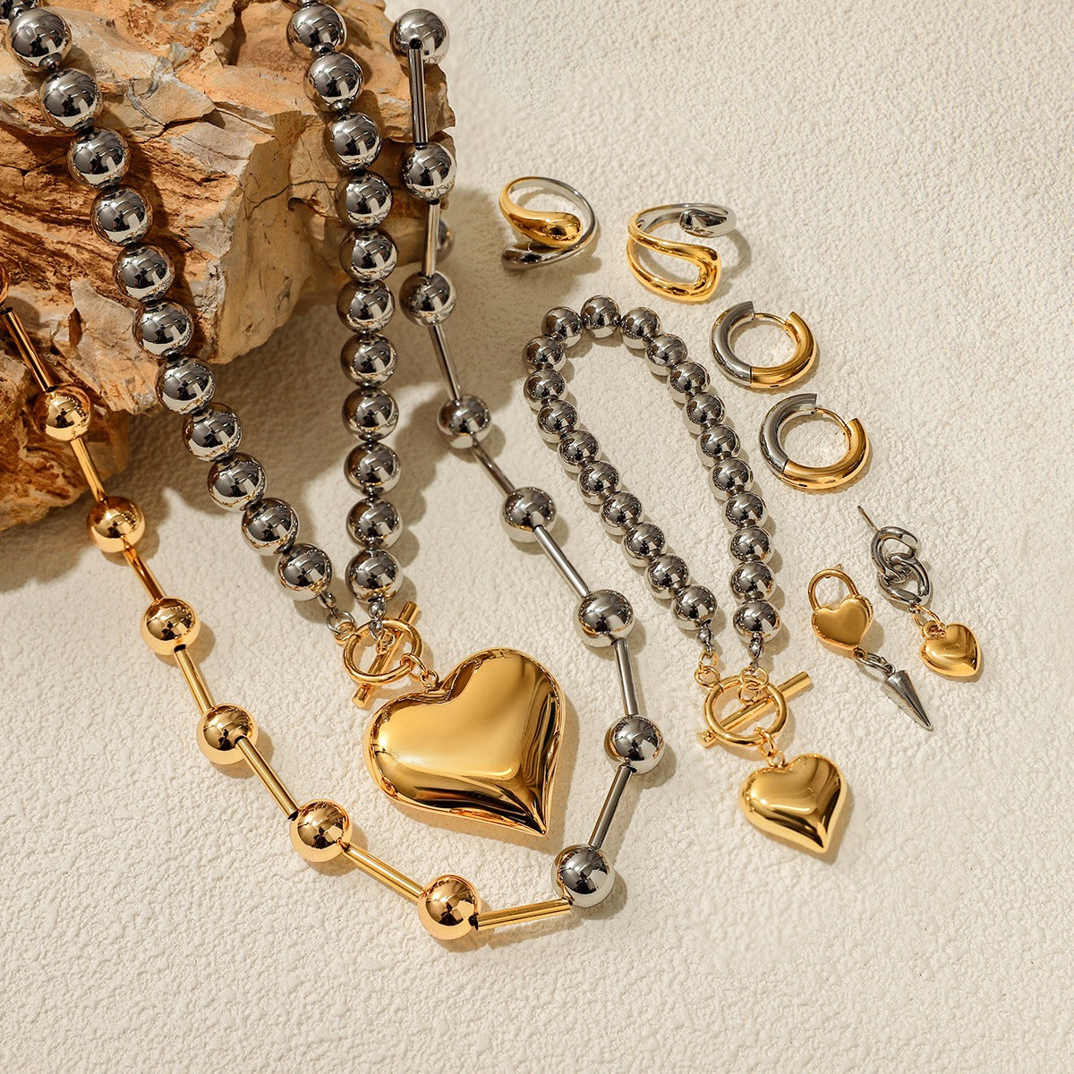 Smykkesett Dame 18K gullbelagt - Hjerte Gull og Sølv Matching Design Halskjede Armbånd Ring Øredobber