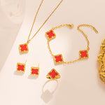 18K Gullbelagt Firkløver Smykkesett - Halskjede, Armbånd, Øredobber og Ring