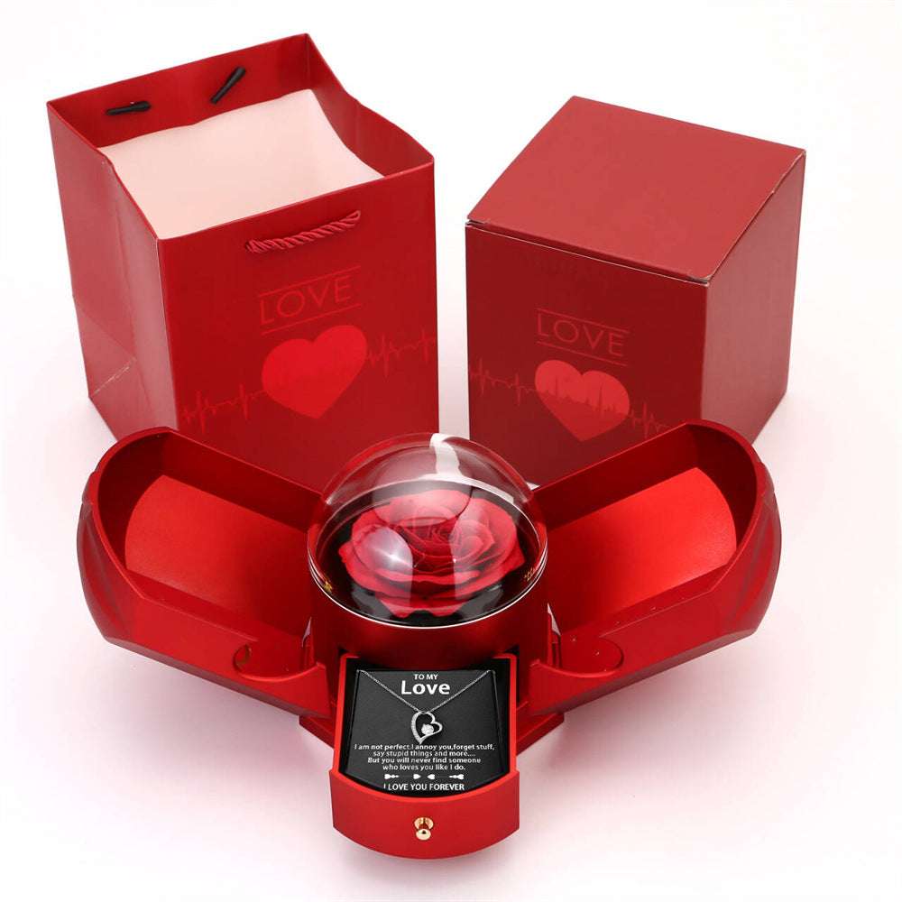 Rose Smykkeboks Gaveeske - Halskjede Gaveboks med Engevinger Necklace (silver) + card drawer rose box