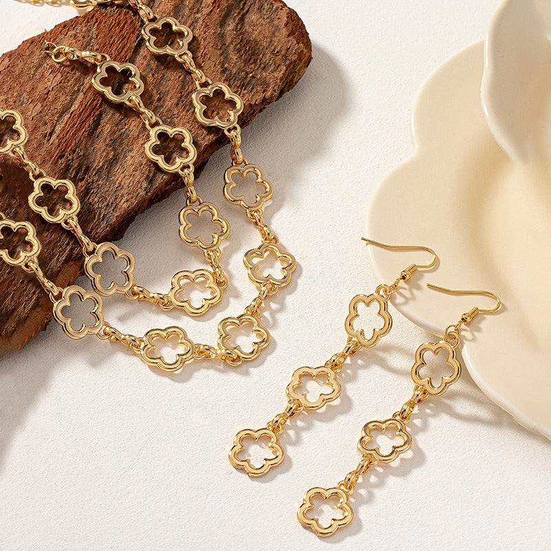 Smykkesett Dame 18K gullbelagt - Hollow Flower Armbånd Halskjede Øredobber