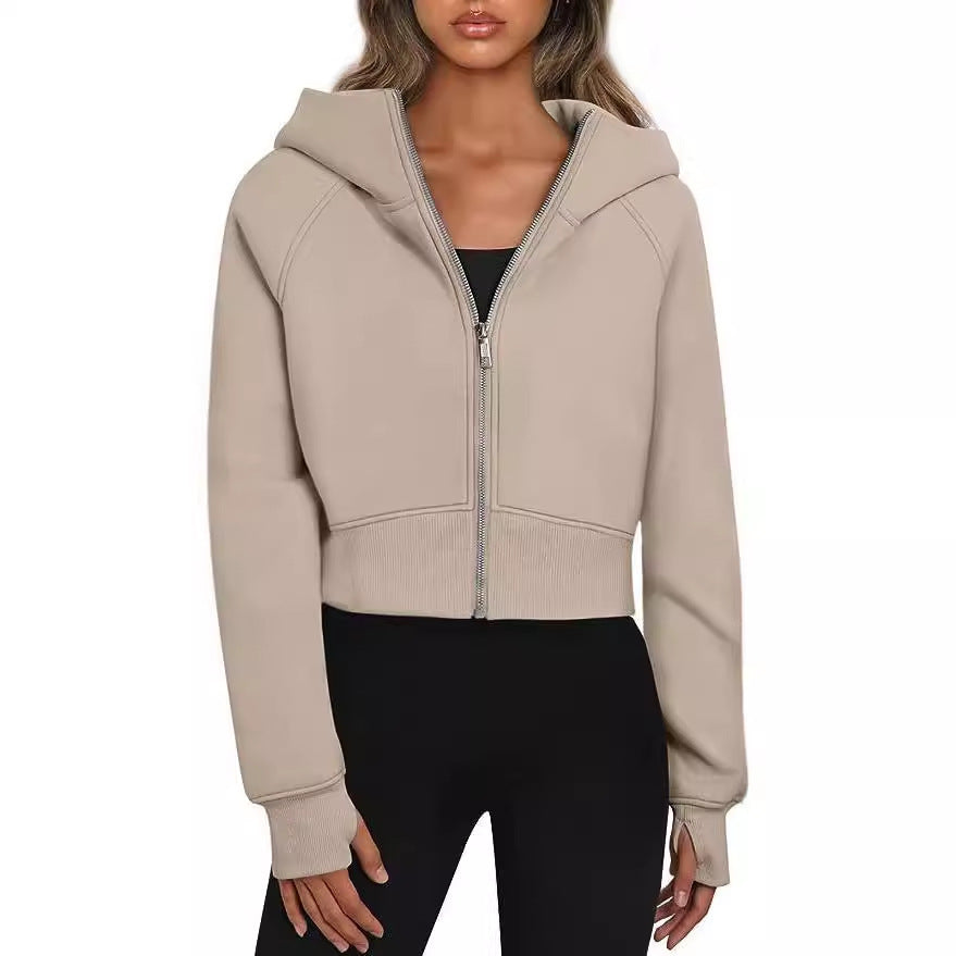 Sporty Kort Hoodie Cardigan - Khaki / S