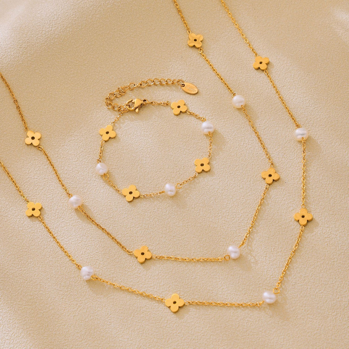 Smykkesett Dame 18K Gullbelagt - Perle Hul Blomst Armbånd Halskjede