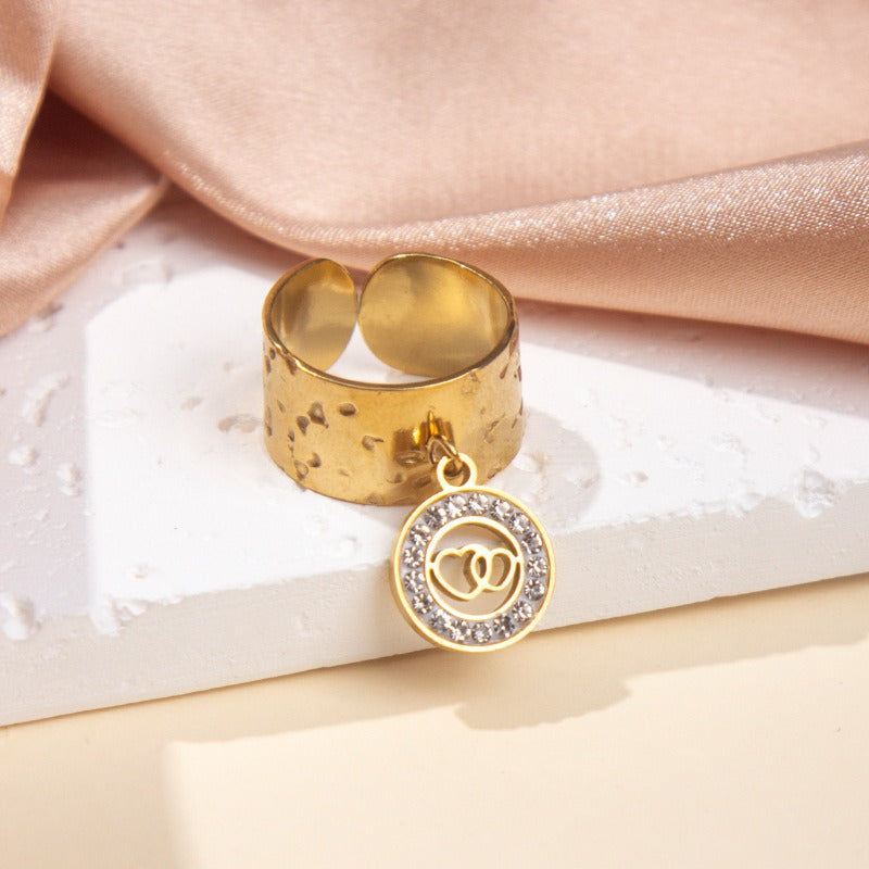 Gullbelagt Ring 18K med Anheng - Titanstål Design Ring L Adjustable