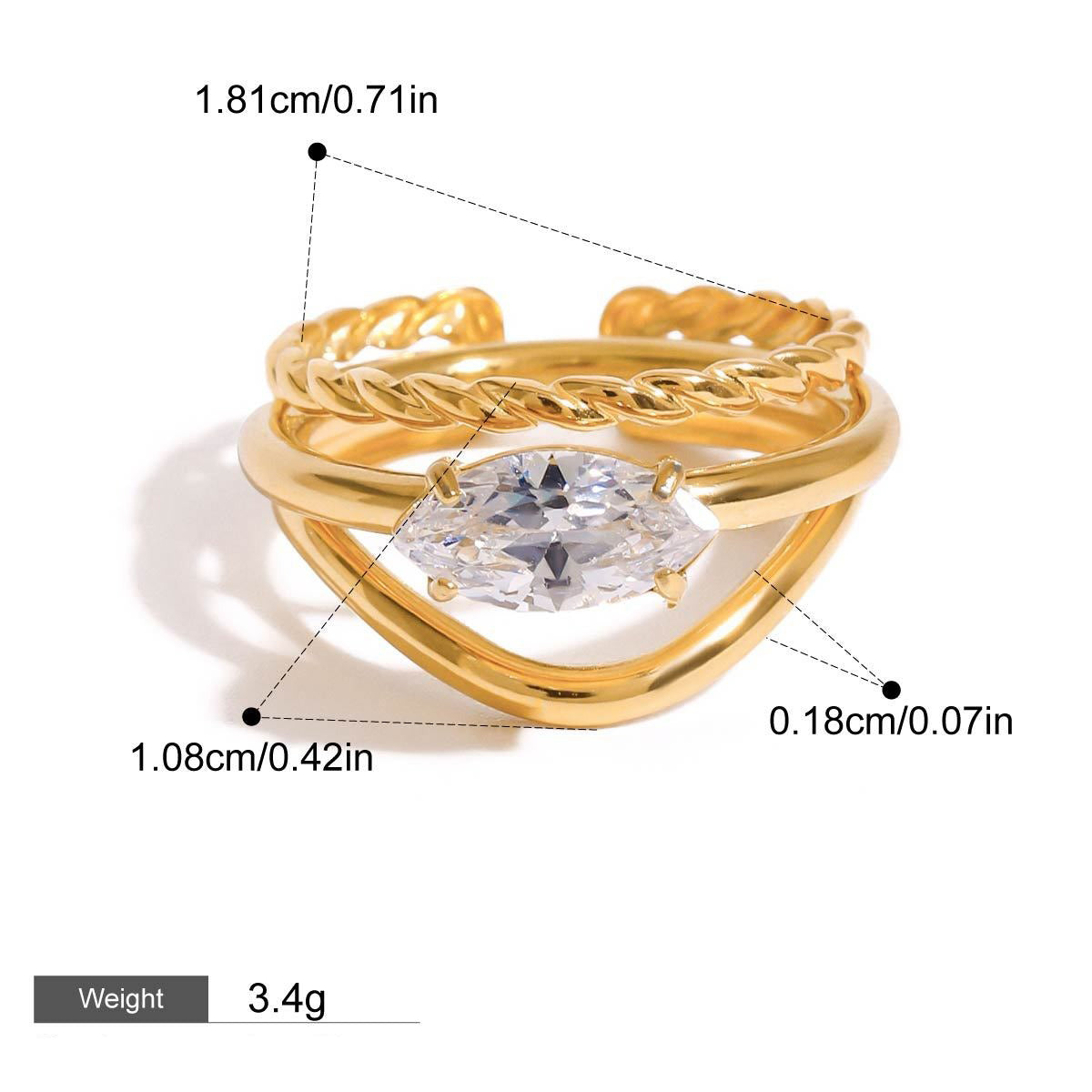 Ringsett Dame 18K Gullbelagt - Geometrisk Design med Zirkon Justerbar Style I-15