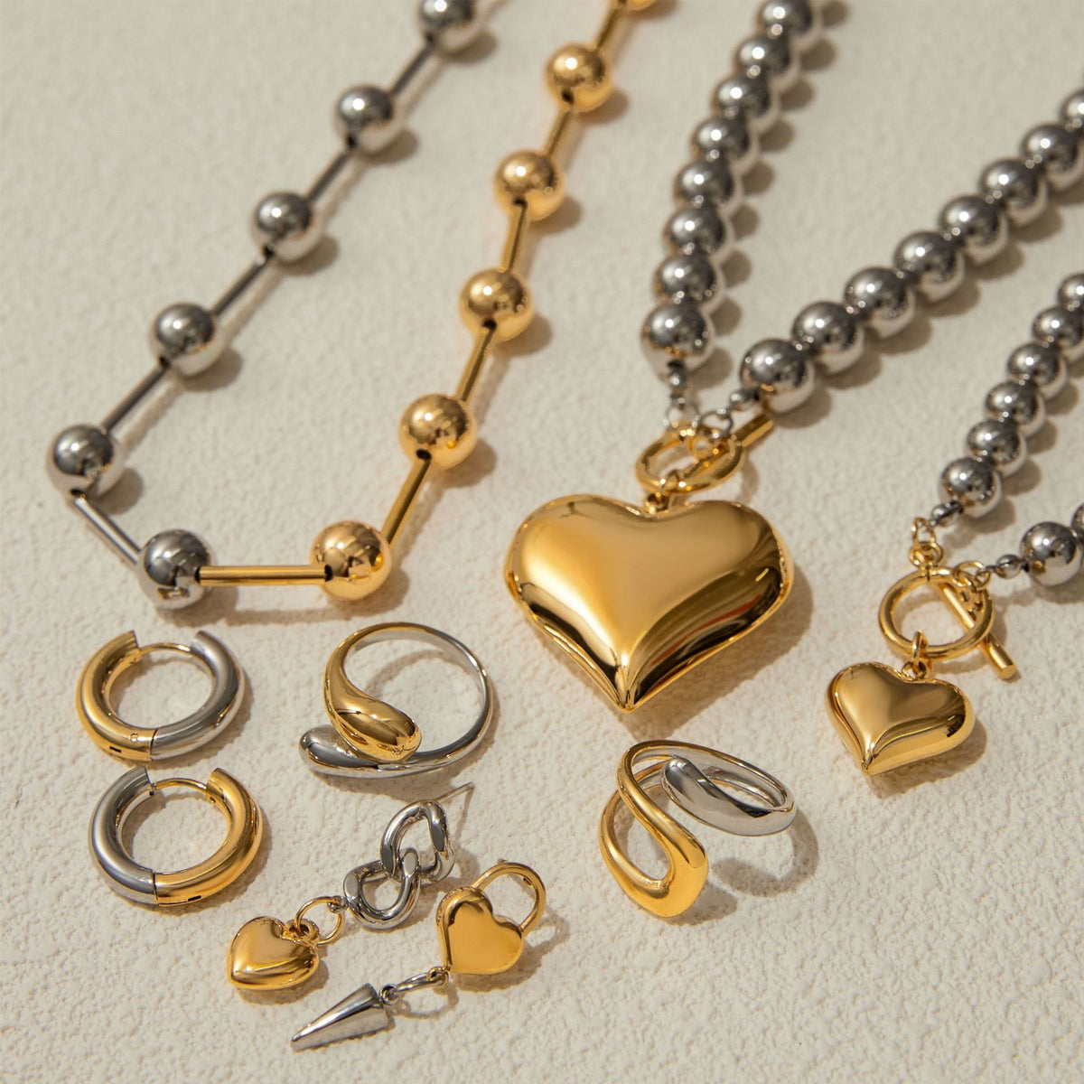 Smykkesett Dame 18K gullbelagt - Hjerte Gull og Sølv Matching Design Halskjede Armbånd Ring Øredobber