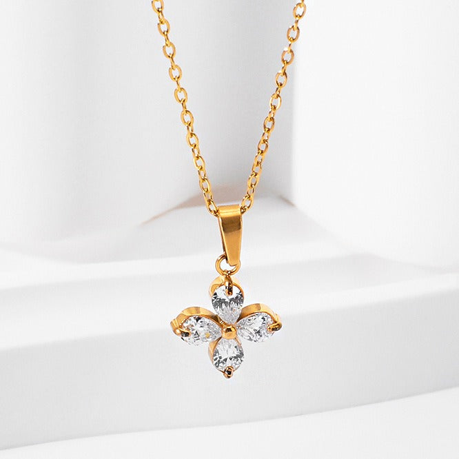 Smykkesett Dame 18K gullbelagt - Firkløver med Edelstener Halskjede Armbånd Øredobber Ring Necklace