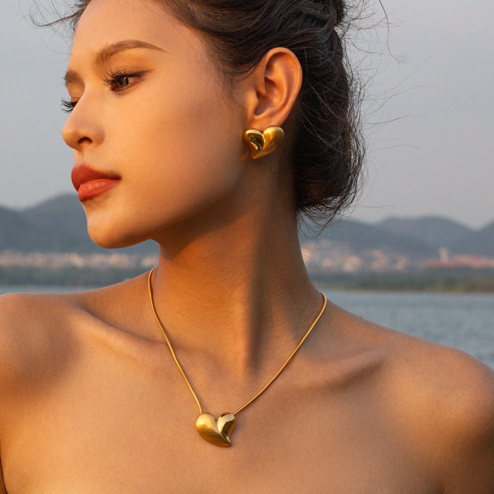 Smykkesett Dame 18K gullbelagt - Hjerte og Geometrisk Design Halskjede Øredobber Ring