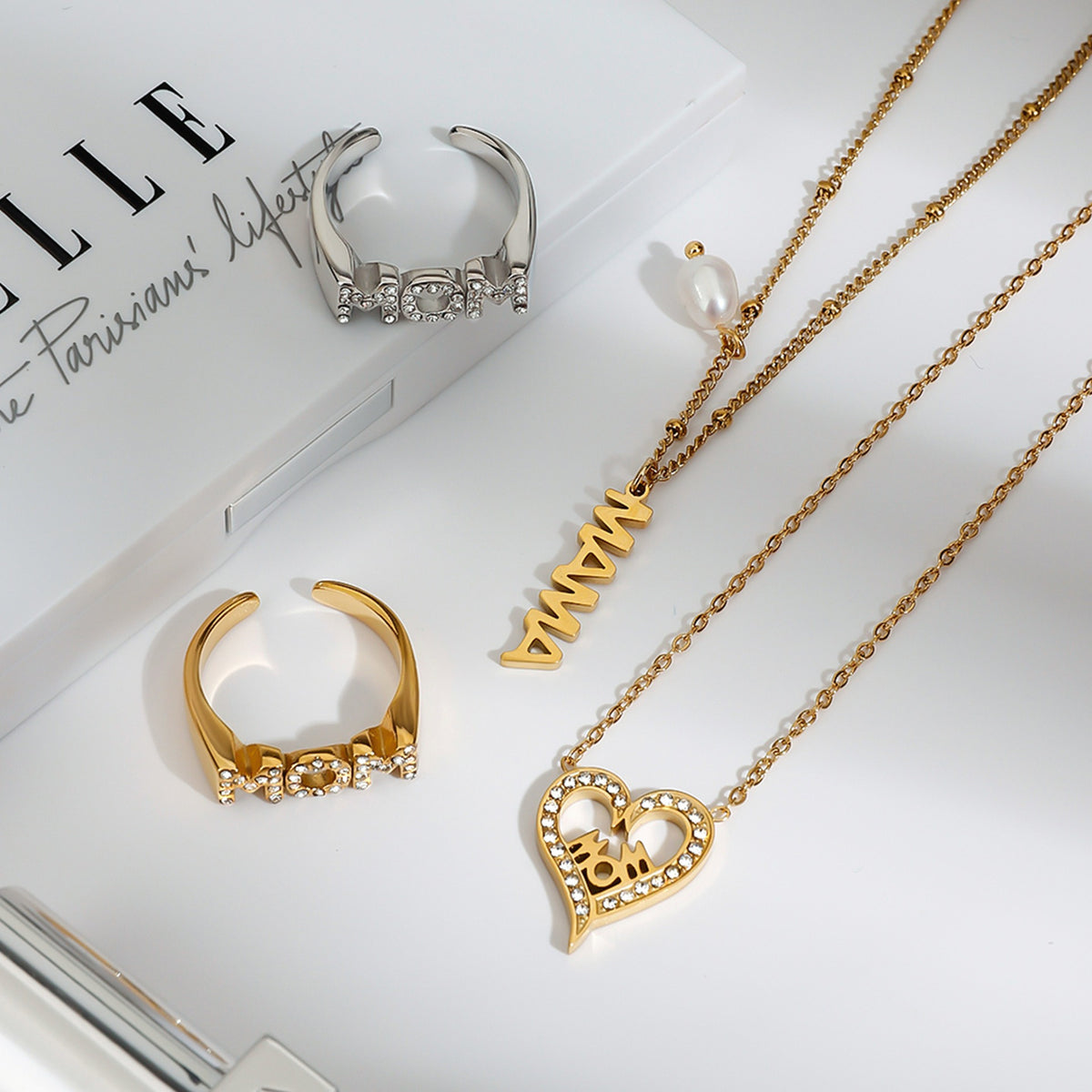 Halskjede og Ring Sett Dame 18K gullbelagt - MOM Hjerte Design med Zirkon