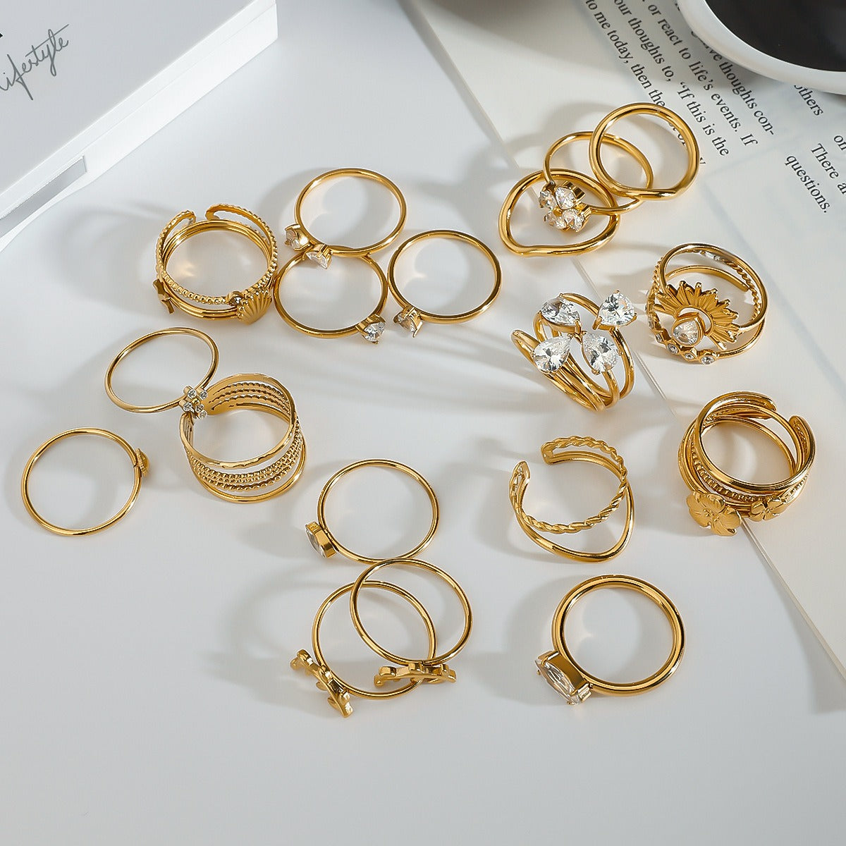 Ringsett Dame 18K Gullbelagt - Geometrisk Design med Zirkon Justerbar