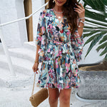 Summer Floral Print Short Sleeves Dress Lace Up Ruffles Design Fashion V-neck Short Dresses Womens Clothing - Trendyglobal 