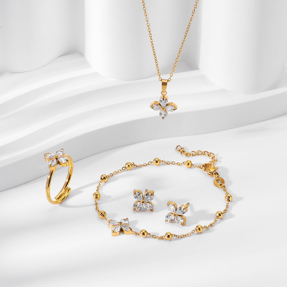 Smykkesett Dame 18K gullbelagt - Firkløver med Edelstener Halskjede Armbånd Øredobber Ring